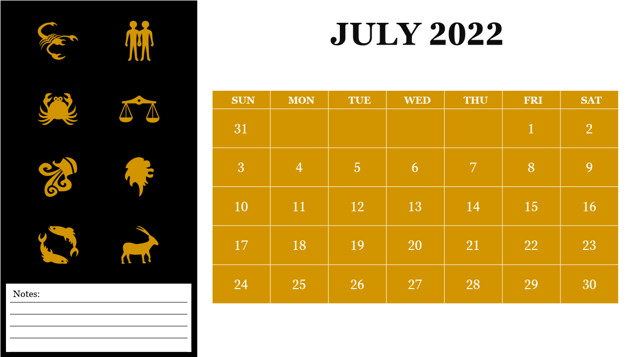 Editable Calendar Template July 2022 PowerPoint